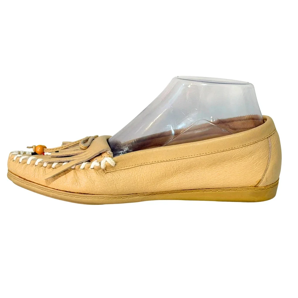 Hunter's Run Sz 8 Beaded Moccasins Classic Kiltie Fringe Beige Boho Cowgirl Vtg